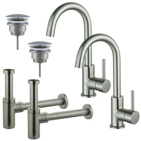 Fortifura Calvi Wastafelkraanset - voor dubbele wastafel - hoge wastafelkraan - draaibare uitloop - always open plug - design sifon - Geborsteld RVS PVD (RVS) 2x SW809348/2x SW696207/2x SW696212
