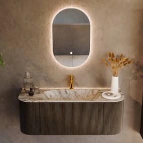 Mondiaz Kurve-dlux 120cm badmeubel ronding links/rechts shadow met 1 lade en 2 deuren en wastafel big small midden 1 kraangat glace