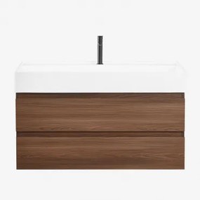 Ona Zwevend Badkamermeubelset Van Hout En Essenfineer Met Geïntegreerde Wastafel Spiegelloze & Donker Hout & ↔︎ 100 Cm & Mat Zwart ↑20 C - Sklum