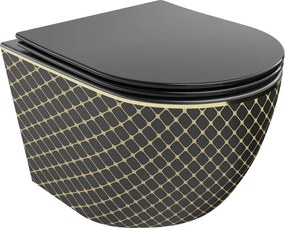 Mexen Lena wc-pot Rimless met softclose zitting slim, duroplast, zwart mat/goud ruitpatroon - 30224079
