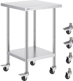 VEVOR RVS werktafel, 61 x 61 x 96,5 cm, voorbereidingstafel met 4 wielen, 3 verstelbare hoogteniveaus, werktafel voor voedselbereiding voor professionele keukens en restaurants