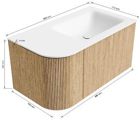 Mondiaz Kurve 85cm badmeubel ronding links dusk met 1 lade en deur en wastafel cloud rechts zonder kraangat