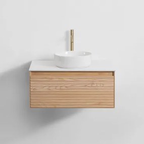Tedrik Badkamermeubelset In Essenhout Ash Brown & Rond Keramiek Wit Ø40 Cm Lenka & Spiegelloze & Goud ↑30 Cm Met Aftapkraan Zonder Overloop Orveta -