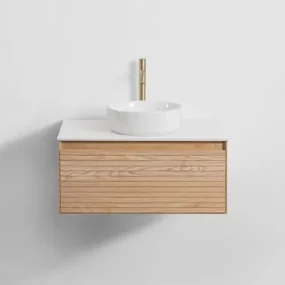 Tedrik Badkamermeubelset In Essenhout Ash Brown & Rond Keramiek Wit Ø40 Cm Lenka & Spiegelloze & Goud ↑30 Cm Met Aftapkraan Zonder Overloop Orveta -