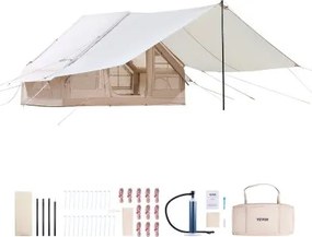 VEVOR Opblaasbare kampeertent 3x2x2 m, 3-5 personen, 300D Oxford 4-seizoenen glampingtent met luifel, handpomp, kachelaansluiting, 2 deuren en 2 gaasramen (opbergtas inbegrepen)