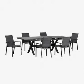 Set Van Rechthoekige Uitschuifbare Tuintafel 180-240x90 Cm En 6 Stapelbare Tuinstoelen Met Armleuningen Van Aluminium Karena Grijs – Grafiet - Sklum