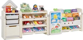 VEVOR Speelgoedopbergplank HDPE Speelgoedplank, 4-laags multifunctionele opbergruimte met 10 flexibele kunststof bakken en tekenbord, voor slaapkamerklaslokaal (grijs + beige)