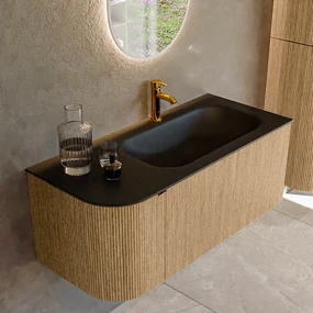 Mondiaz Kurve 105cm badmeubel ronding links oak met 1 lade en deur en wastafel big small kraangat rechts urban