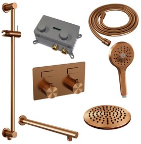 Brauer Copper Carving thermostatische inbouw regendouche met 3 standen handdouche, rechte muurarm, glijstang en hoofddouche 20cm set 67 koper geborsteld PVD