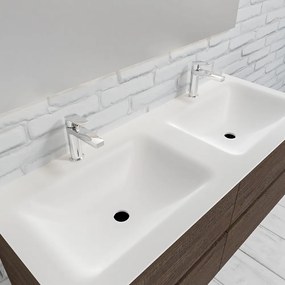 Zaro Valencia Solid Surface badmeubel 120cm donker eiken 2 kraangaten dubbele spoelbak met 4 lades