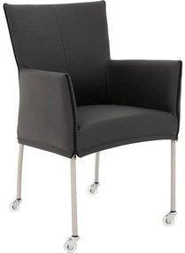 Goossens Eetkamerstoel Funk RVS Poten donkergrijs leer met armleuning en Transparant skater wiel met rvs kapmet wielen, modern design