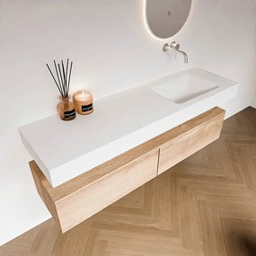 Zaro Alan badmeubel 160cm washed oak 2 lades met vrijhangende wastafel cloud rechts zonder kraangat talc