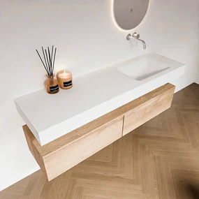 Zaro Alan badmeubel 160cm washed oak 2 lades met vrijhangende wastafel cloud rechts zonder kraangat talc