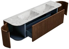 Mondiaz Kurve-dlux 170cm badmeubel ronding links/rechts walnut met 1 lade en 2 deuren en wastafel leaf dubbel zonder kraangat glace