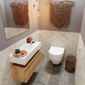 MONDIAZ ANDOR Toiletmeubel - 80x30x30cm - 1 kraangat - 1 lades - washed oak mat - wasbak midden - Solid surface - Wit FK75343373