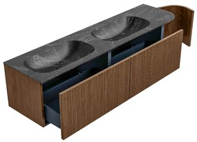 Mondiaz Kurve-dlux 175cm badmeubel ronding rechts walnut met 2 lades en 1 deur en wastafel stor small dubbel/links zonder kraangat lava