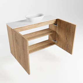 Mondiaz Fowy toiletmeubel 80cm washed oak met witte waskom midden zonder kraangat