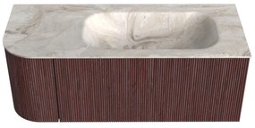 Mondiaz Kurve-dlux 115cm badmeubel ronding links ruby met 1 lade en deur en wastafel big small rechts zonder kraangat frappe