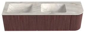 Mondiaz Kurve-dlux 155cm badmeubel ronding rechts ruby met 2 lades en 1 deur en wastafel leaf dubbel/links zonder kraangat ostra