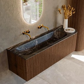 Mondiaz Kurve-dlux 145cm badmeubel ronding rechts walnut met 1 lade en deur en wastafel big large links zonder kraangat lava