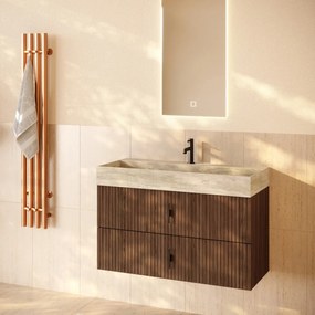 Muebles Murcia badmeubel ribbelfront 100cm walnoot met White Travertin wastafel met kraangat