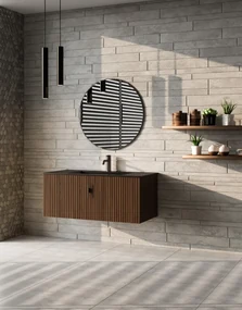 Muebles Raya badmeubel ribbelfront 100cm walnoot met zwarte wastafel met kraangat
