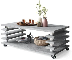 PORTO Beton Millennium - MODERNE KOFFIETAFEL MET LAMELLEN 2IN1, OP WIELEN/POTEN