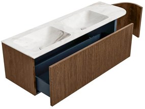 Mondiaz Kurve-dlux 145cm badmeubel ronding rechts walnut met 1 lade en deur en wastafel leaf dubbel/links zonder kraangat frappe