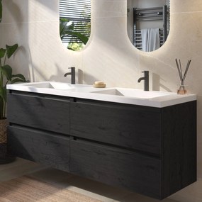 Saqu Gaia badmeubel incl. dubbele glans witte wastafel 160x52x64cm eiken zwart – zwarte greeplijst