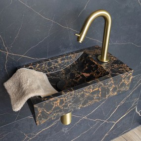 Saniclear Athens Portoro Gold fonteinset met gebogen kraan in geborsteld messing