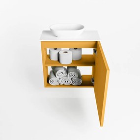 Mondiaz Fowy toiletmeubel 50cm ocher met witte waskom links en kraangat