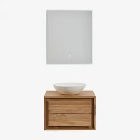 Jabari Teakhouten Badkamermeubelset Teakhout & Rond Cement Wit Ø40 Cm Zavion & Rechthoekige Led En Anticondens 60x70 Cm Riben & Zonder Kraan - Sklum