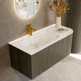 Mondiaz Kurve-dlux 105cm badmeubel ronding rechts shadow met 1 lade en deur en wastafel big small kraangat links frappe
