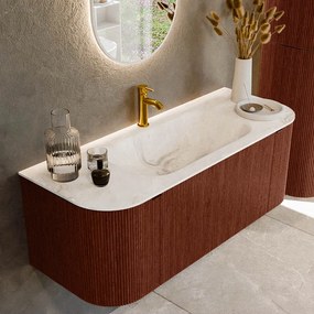 Mondiaz Kurve-dlux 120cm badmeubel ronding links/rechts ruby met 1 lade en 2 deuren en wastafel big small midden 1 kraangat frappe