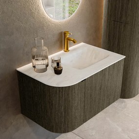 Mondiaz Kurve-dlux 75cm badmeubel ronding links shadow met 1 lade en deur en wastafel grunne kraangat rechts opalo