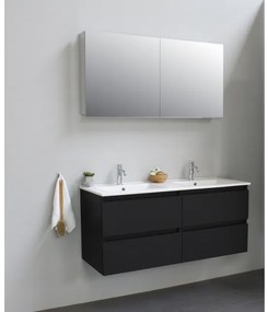 Basic Line Bella Badkamermeubelset - 120x55x46cm - 2 wasbakken - Keramiek - Wit - 2 kraangaten - Spiegelkast zonder verlichting - Melamine Zwart mat SWGA120MZP2SPK