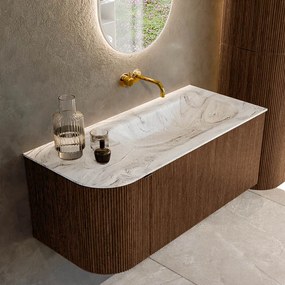 Mondiaz Kurve-dlux 105cm badmeubel ronding links walnut met 1 lade en deur en wastafel big small rechts zonder kraangat glace