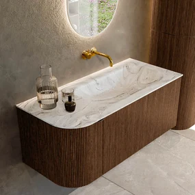 Mondiaz Kurve-dlux 105cm badmeubel ronding links walnut met 1 lade en deur en wastafel big small rechts zonder kraangat glace