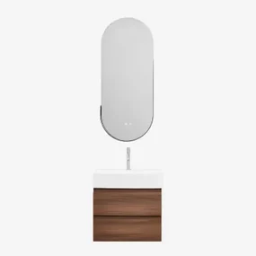 Badkamermeubelset Van Hout En Essenhoutfineer Met Geïntegreerde Wastafel Ona Donker Hout & Oval Led And Antifog Black 45x105 Cm Vacson - Sklum