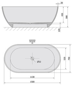 Polysan Reduta vrijstaand bad antraciet mat/wit mineraalmarmer 150x75cm