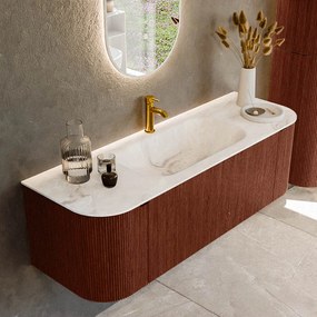 Mondiaz Kurve-dlux 140cm badmeubel ronding links/rechts ruby met 1 lade en 2 deuren en wastafel big small midden 1 kraangat frappe