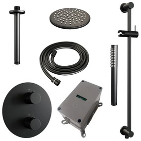Brauer Black Carving thermostatische inbouw regendouche met staafhanddouche, plafondarm, glijstang en hoofddouche 20cm set 89 zwart mat