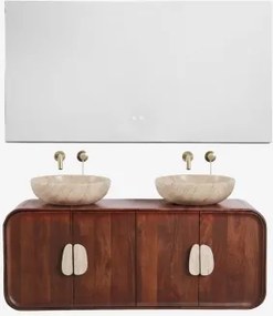 Dubbel Zwevend Badkamermeubelset 130x45 Cm Van Mangohout En Natuurlijke Kivalina-steen Travertijn - Donker Mangohout & 2 X Ronde Travertijn Ø40 -