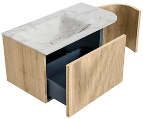 Mondiaz Kurve-dlux 85cm badmeubel ronding rechts oak met 1 lade en deur en wastafel cloud links zonder kraangat glace
