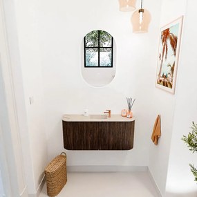 Mondiaz Joya DLux 95cm toiletmeubel ronding links/rechts walnut met wastafel faye midden 1 kraangat frappe