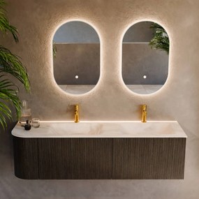 Mondiaz Kurve-dlux 155cm badmeubel ronding links shadow met 2 lades en 1 deur en wastafel leaf dubbel/rechts 2 kraangaten ostra