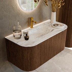 Mondiaz Kurve-dlux 100cm badmeubel ronding links/rechts walnut met 1 lade en 2 deuren en wastafel grunne midden 1 kraangat glace