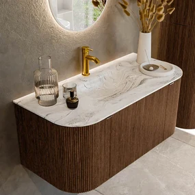 Mondiaz Kurve-dlux 100cm badmeubel ronding links/rechts walnut met 1 lade en 2 deuren en wastafel grunne midden 1 kraangat glace