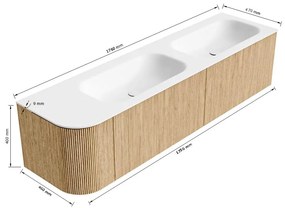 Mondiaz Kurve 175cm badmeubel ronding links oak met 2 lades en 1 deur en wastafel big small dubbel/rechts zonder kraangat urban