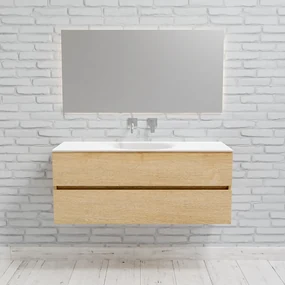 Zaro Sevilla Solid Surface badmeubel 120cm licht eiken zonder kraangat spoelbak midden met 2 lades